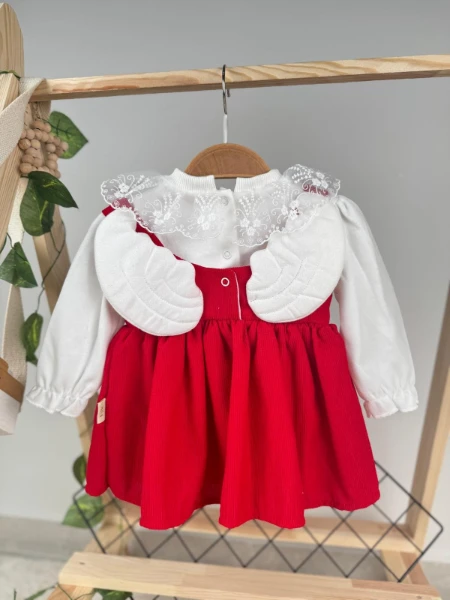 Kırmızı Kadife Kanat Detaylı Güpür Yaka Kız Bebek/Çocuk Elbise - KIRMIZI