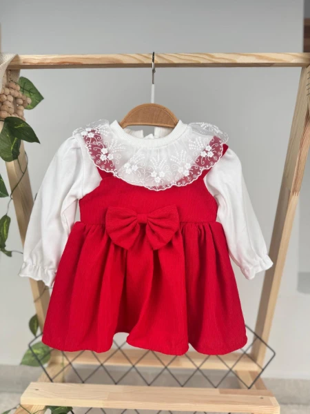 Kırmızı Kadife Kanat Detaylı Güpür Yaka Kız Bebek/Çocuk Elbise - KIRMIZI
