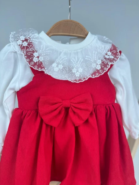 Kırmızı Kadife Kanat Detaylı Güpür Yaka Kız Bebek/Çocuk Elbise - KIRMIZI