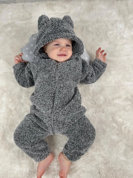 Welsoft Peluş Unisex Fermuarlı Kışlık Bebek Uyku Tulumu Bebek Tulumu Çocuk Tulumu Çocuk Kostümü - KIRÇILLI GRİ