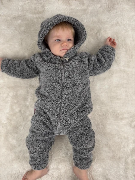 Welsoft Peluş Unisex Fermuarlı Kışlık Bebek Uyku Tulumu Bebek Tulumu Çocuk Tulumu Çocuk Kostümü - KIRÇILLI GRİ