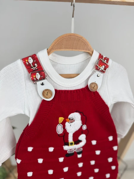 Triko Noel Babalı Çıtçıtlı Zıbınlı Badili Unisex Salopet 2'li Takım - KIRMIZI