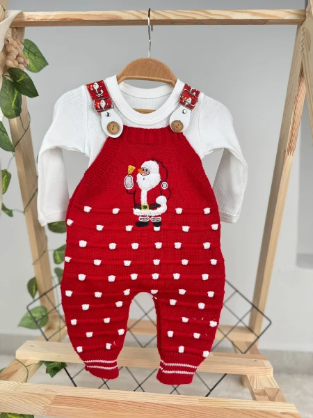 Triko Noel Babalı Çıtçıtlı Zıbınlı Badili Unisex Salopet 2'li Takım - KIRMIZI