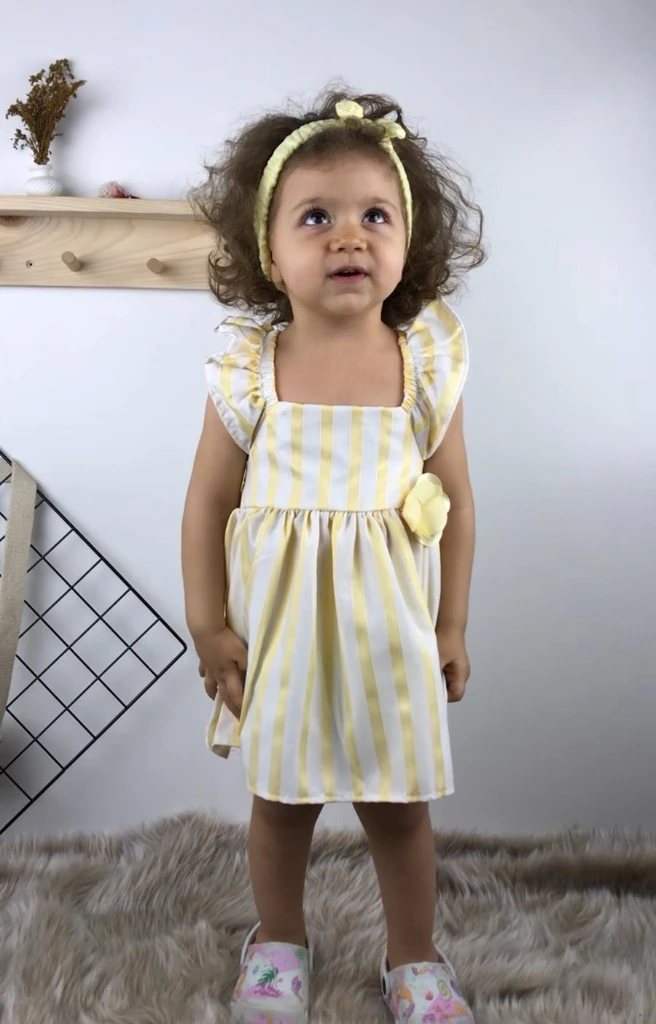 Çizgili Bandanalı Yazlık Kız Bebek Elbise - SARI BEYAZ