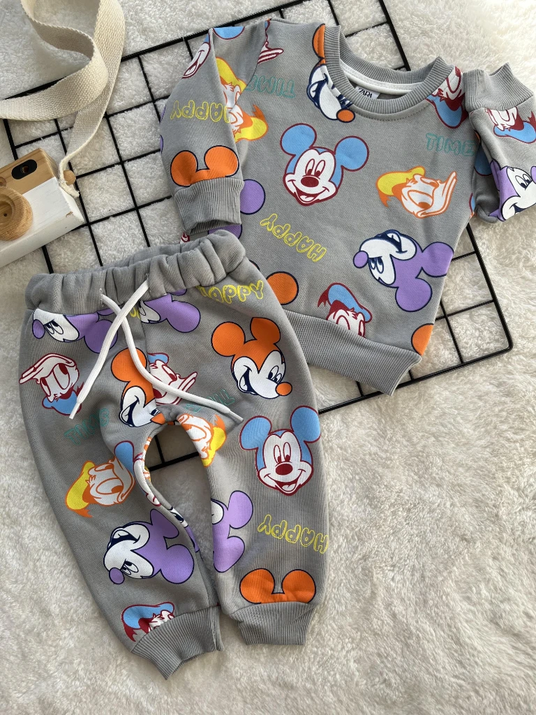 Zara Miki Mouse Baskılı 3 İplik Unisex Kışlık İkili Takım - GRİ