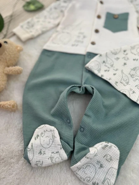 %100 Pamuklu Fil Desenli Patikli Şapkalı Unisex Tulum/İkili Takım - YEŞİL