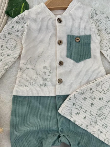 %100 Pamuklu Fil Desenli Patikli Şapkalı Unisex Tulum/İkili Takım - YEŞİL
