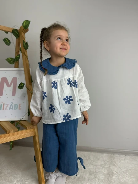 Çiçek Desenli Bebe Yaka Lüx Kalite Salaş Müslin Kız Bebek/Çocuk İkili Takım - PETROL MAVİ