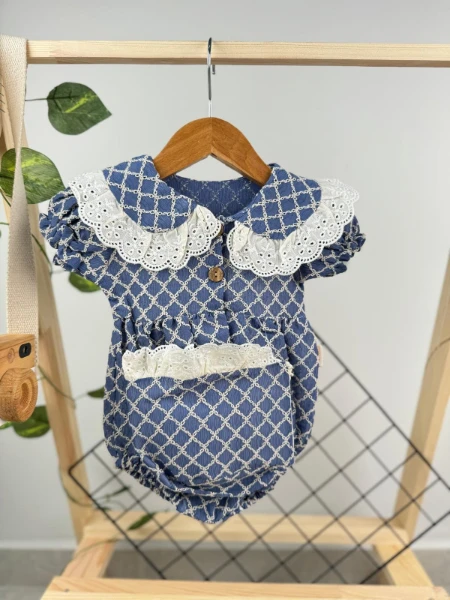 Kız Bebek Şapkalı Dantel Fistolu Çıtçıtlı Romper Badi İkili Set - MAVİ