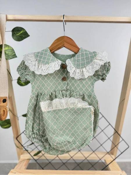 Kız Bebek Şapkalı Dantel Fistolu Çıtçıtlı Romper Badi İkili Set - SU YEŞİLİ