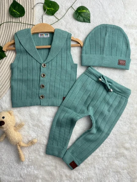 Triko Yelekli Şapkalı Taytlı 3'lü Unisex Şık Takım - KREM