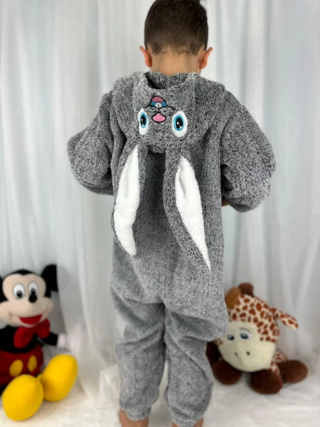Welsoft Peluş Unisex Fermuarlı Kışlık Tavşan Çocuk Uyku Tulumu - KIRÇILLIGRİ-BEYAZ