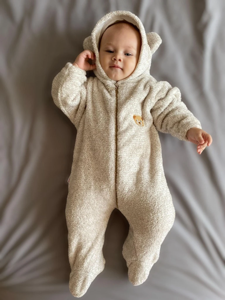 Wellsoft Peluş Unisex Fermuarlı Patikli Kışlık Bebek Uyku Tulumu Çocuk Tulumu Çocuk Kostümü - KIRÇILLI KAHVE