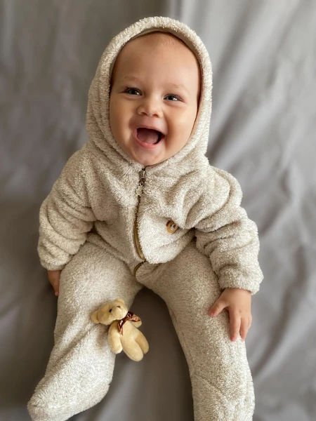 Wellsoft Peluş Unisex Fermuarlı Patikli Kışlık Bebek Uyku Tulumu Çocuk Tulumu Çocuk Kostümü - KIRÇILLI KAHVE