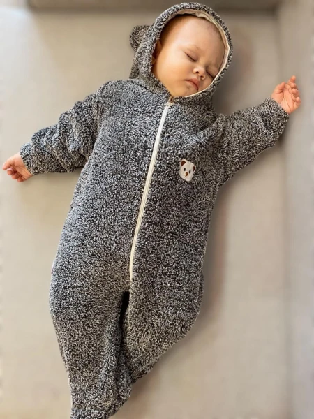 Wellsoft Peluş Unisex Fermuarlı Patikli Kışlık Bebek Uyku Tulumu Çocuk Tulumu Çocuk Kostümü - KIRÇILLI GRİ