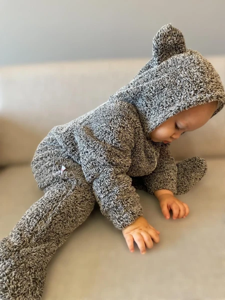 Wellsoft Peluş Unisex Fermuarlı Patikli Kışlık Bebek Uyku Tulumu Çocuk Tulumu Çocuk Kostümü - KIRÇILLI GRİ