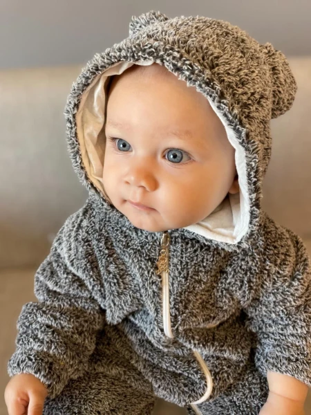 Wellsoft Peluş Unisex Fermuarlı Patikli Kışlık Bebek Uyku Tulumu Çocuk Tulumu Çocuk Kostümü - KIRÇILLI GRİ