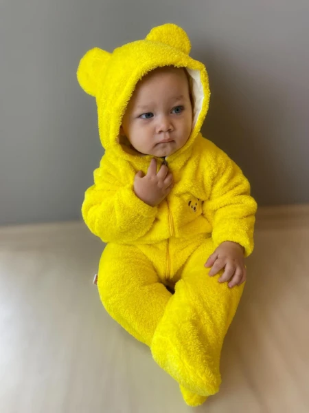 Wellsoft Peluş Unisex Fermuarlı Patikli Kışlık Bebek Uyku Tulumu Çocuk Tulumu Çocuk Kostümü - SARI
