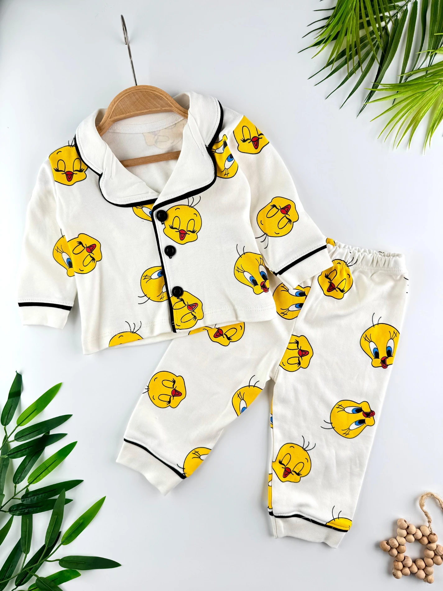 Tweety Desenli Düğmeli Unisex Bebek/Çocuk Pijama İkili Takım - SARI