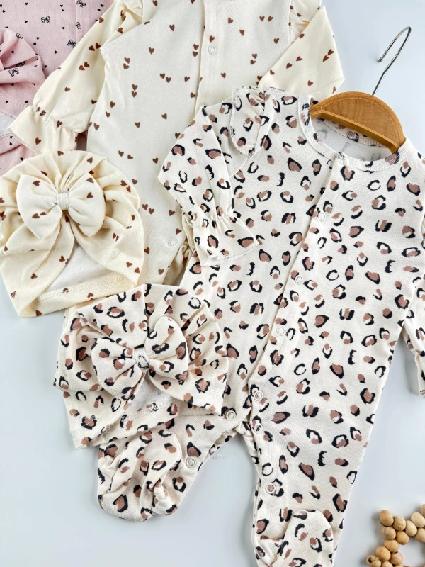 Leopar Kalp Baskılı %100 Pamuk 3 Bandana 3 Tulum Set Organik Tulum Set - RENKLİ