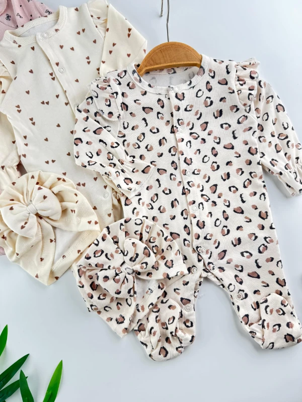 Leopar Kalp Baskılı %100 Pamuk 3 Bandana 3 Tulum Set Organik Tulum Set - RENKLİ