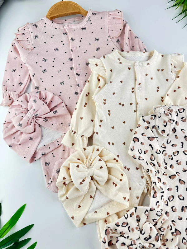 Leopar Kalp Baskılı %100 Pamuk 3 Bandana 3 Tulum Set Organik Tulum Set - RENKLİ