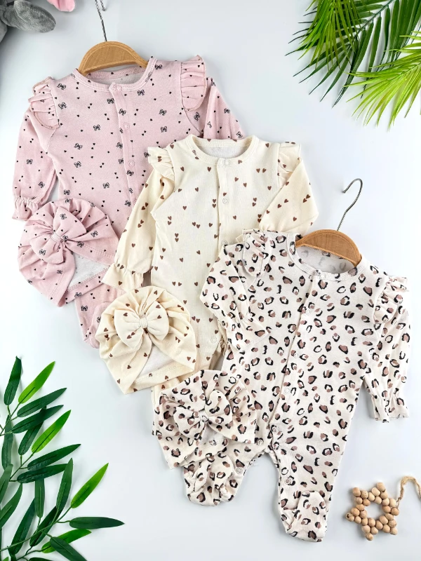 Leopar Kalp Baskılı %100 Pamuk 3 Bandana 3 Tulum Set Organik Tulum Set - RENKLİ