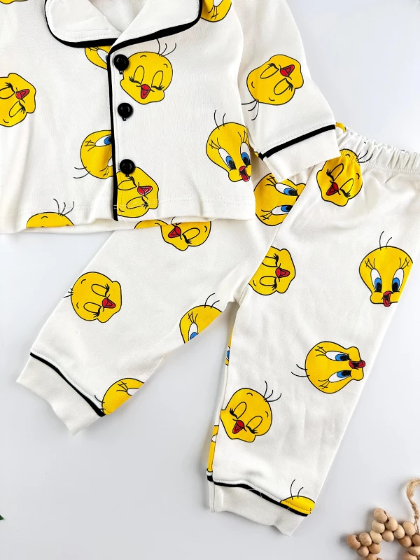 Tweety Desenli Düğmeli Unisex Bebek/Çocuk Pijama İkili Takım - SARI