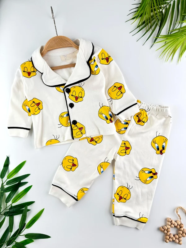 Tweety Desenli Düğmeli Unisex Bebek/Çocuk Pijama İkili Takım - SARI