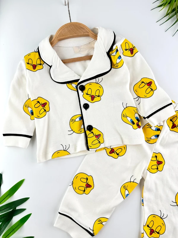 Tweety Desenli Düğmeli Unisex Bebek/Çocuk Pijama İkili Takım - SARI