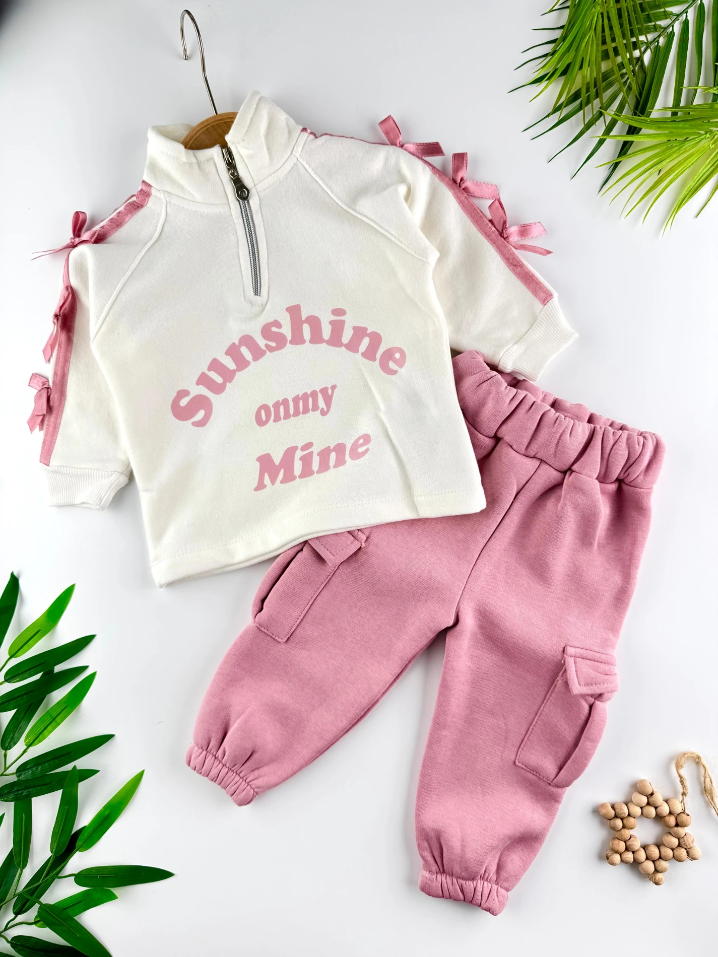 Sunshine Fiyonk Detaylı 3 İp Şardonlu Kışlık Kız Bebek İkili Takım - GÜLKURUSU