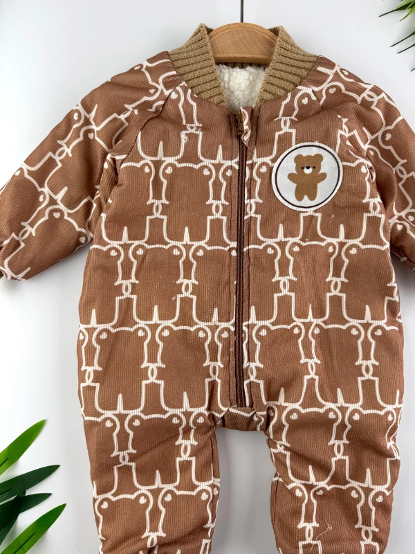 Ayı Desenli Kışlık İçi Polarlı Bebek Kozmonot Tulum Kışlık Unisex Tulum - KAHVERENGİ