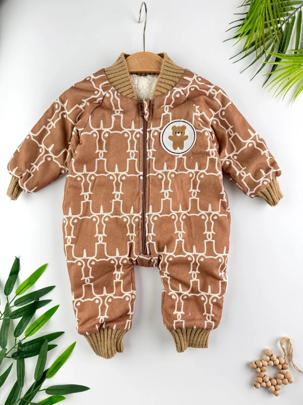 Ayı Desenli Kışlık İçi Polarlı Bebek Kozmonot Tulum Kışlık Unisex Tulum - KAHVERENGİ