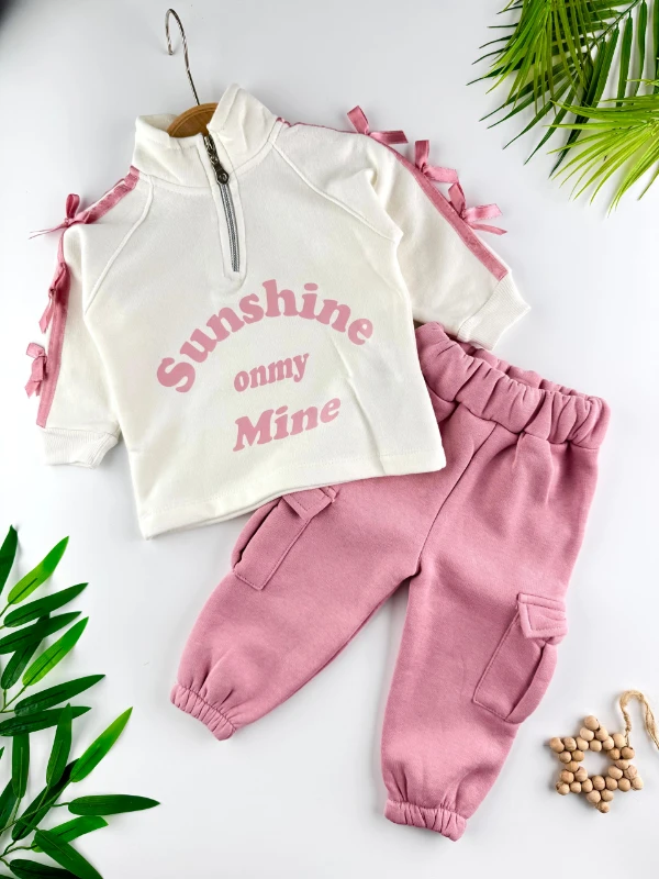 Sunshine Fiyonk Detaylı 3 İp Şardonlu Kışlık Kız Bebek İkili Takım - GÜLKURUSU