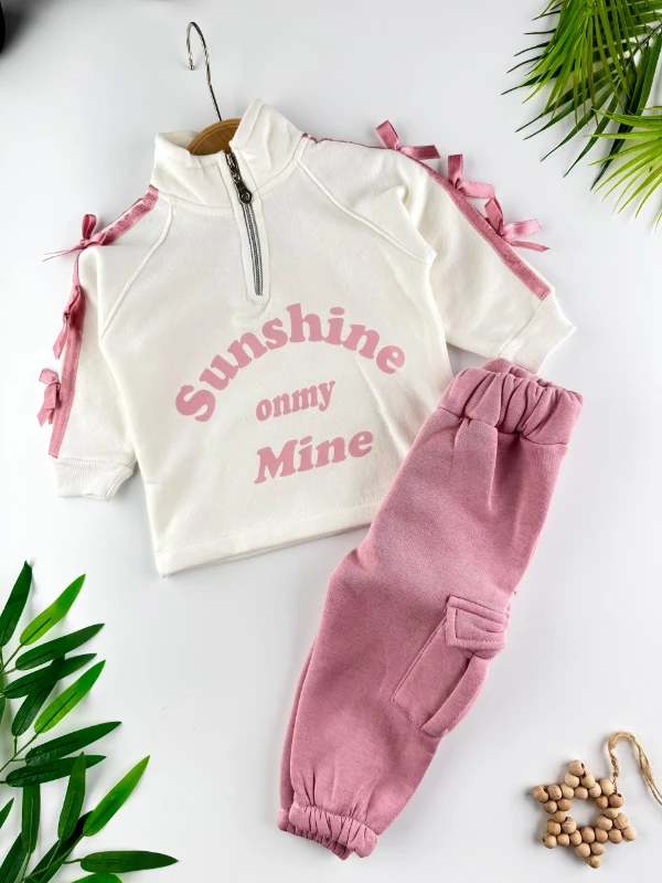 Sunshine Fiyonk Detaylı 3 İp Şardonlu Kışlık Kız Bebek İkili Takım - GÜLKURUSU