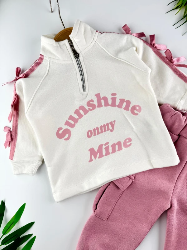 Sunshine Fiyonk Detaylı 3 İp Şardonlu Kışlık Kız Bebek İkili Takım - GÜLKURUSU