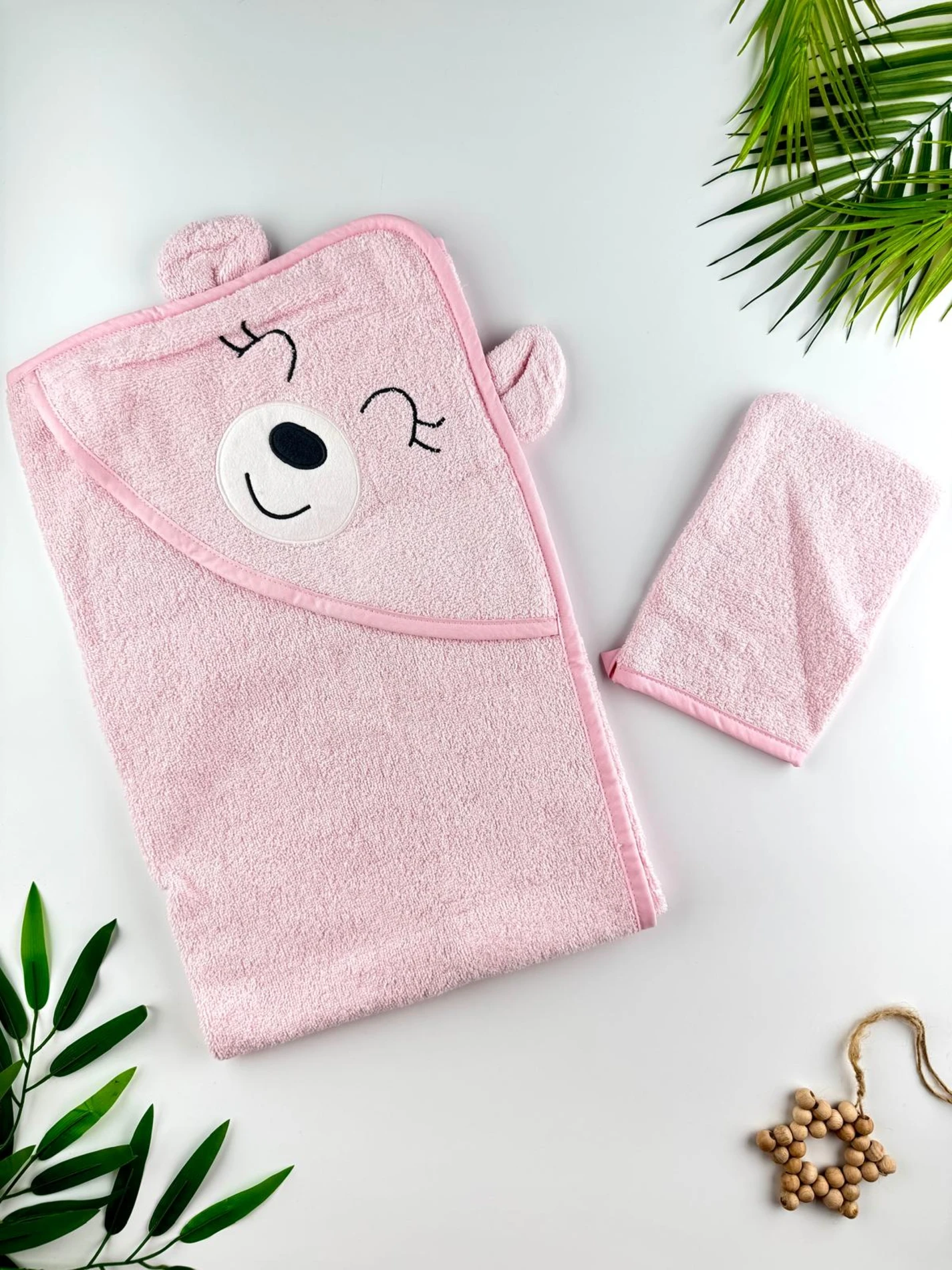 %100 Pamuklu & Başlıklı Bebek Banyo Havlusu - Keseli Havlu Seti - Yumuşak & Su Emici - PEMBE