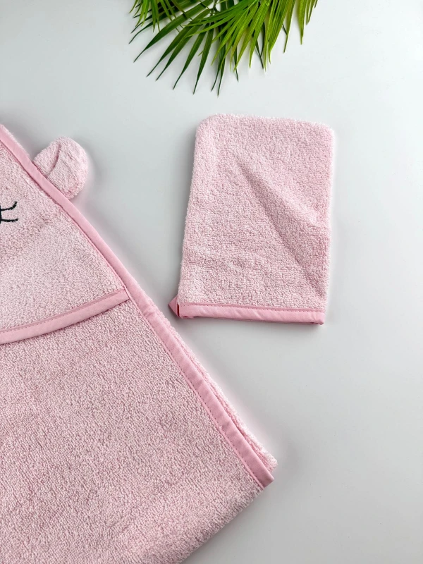 %100 Pamuklu & Başlıklı Bebek Banyo Havlusu - Keseli Havlu Seti - Yumuşak & Su Emici - PEMBE
