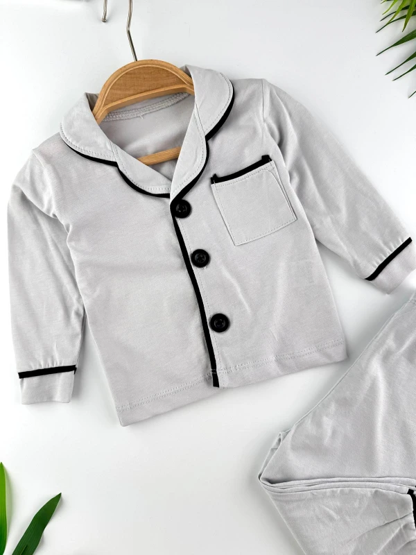 V Yaka Düğmeli %100 Pamuklu Erkek Bebek/Çocuk Pijama İkili Takım - GRİ