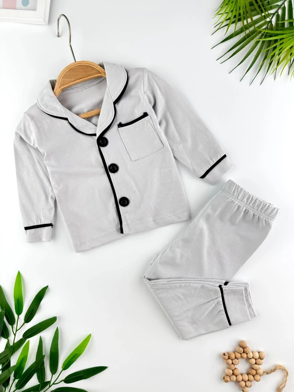 V Yaka Düğmeli %100 Pamuklu Erkek Bebek/Çocuk Pijama İkili Takım - GRİ