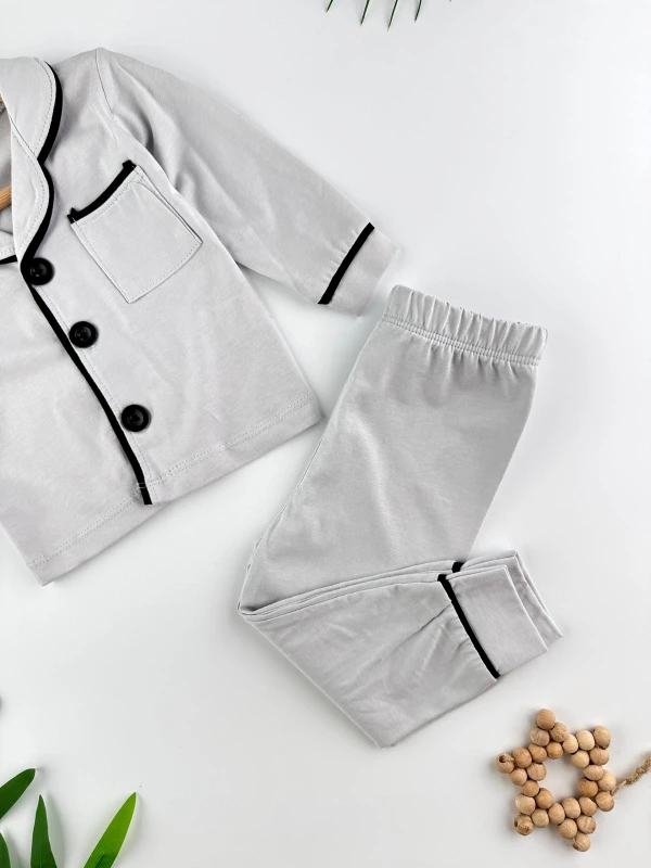 V Yaka Düğmeli %100 Pamuklu Erkek Bebek/Çocuk Pijama İkili Takım - GRİ