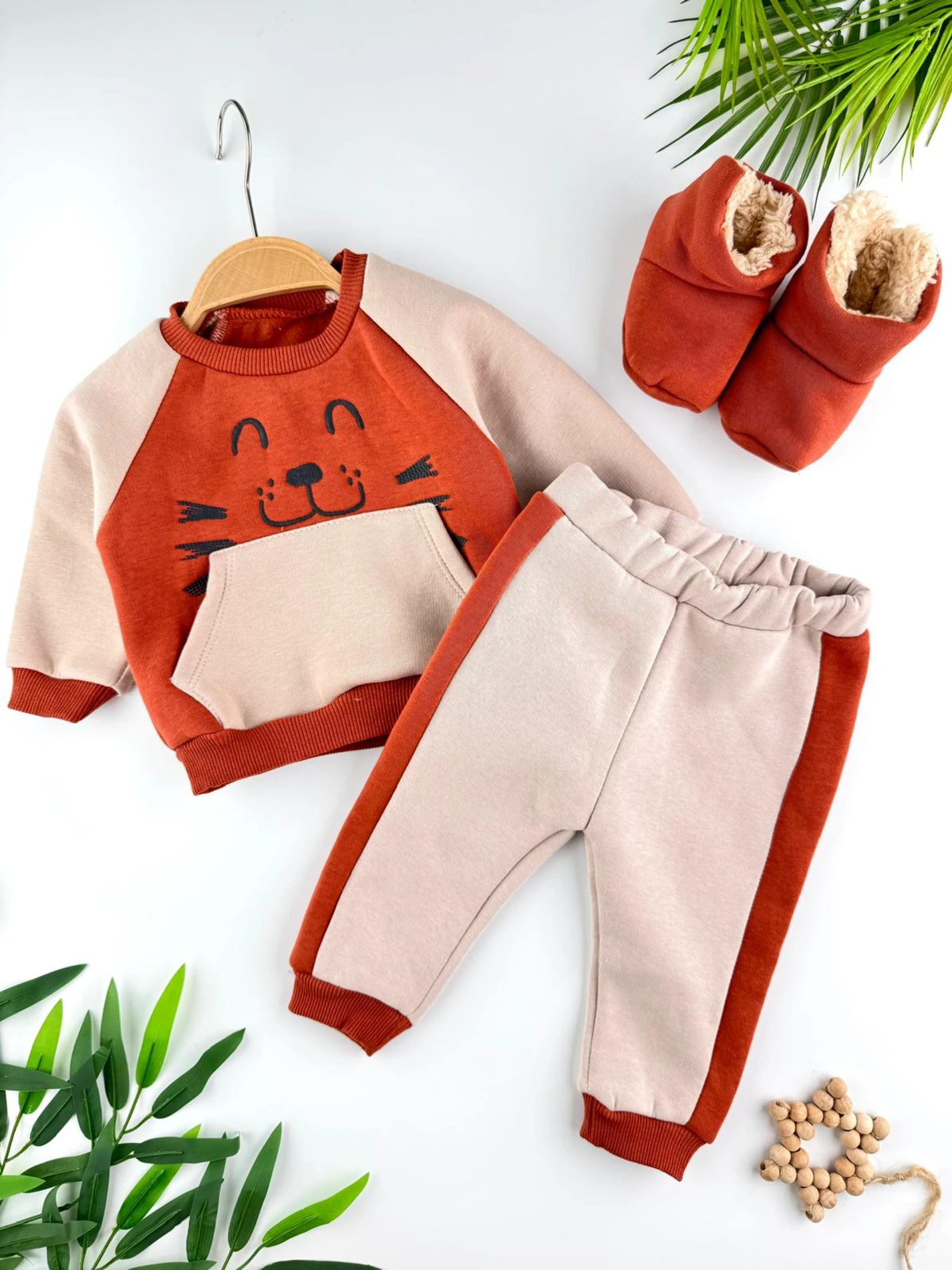 Panduflu 3 İp İçi Şardonlu Kışlık Erkek Bebek Premium Takım - KİREMİT