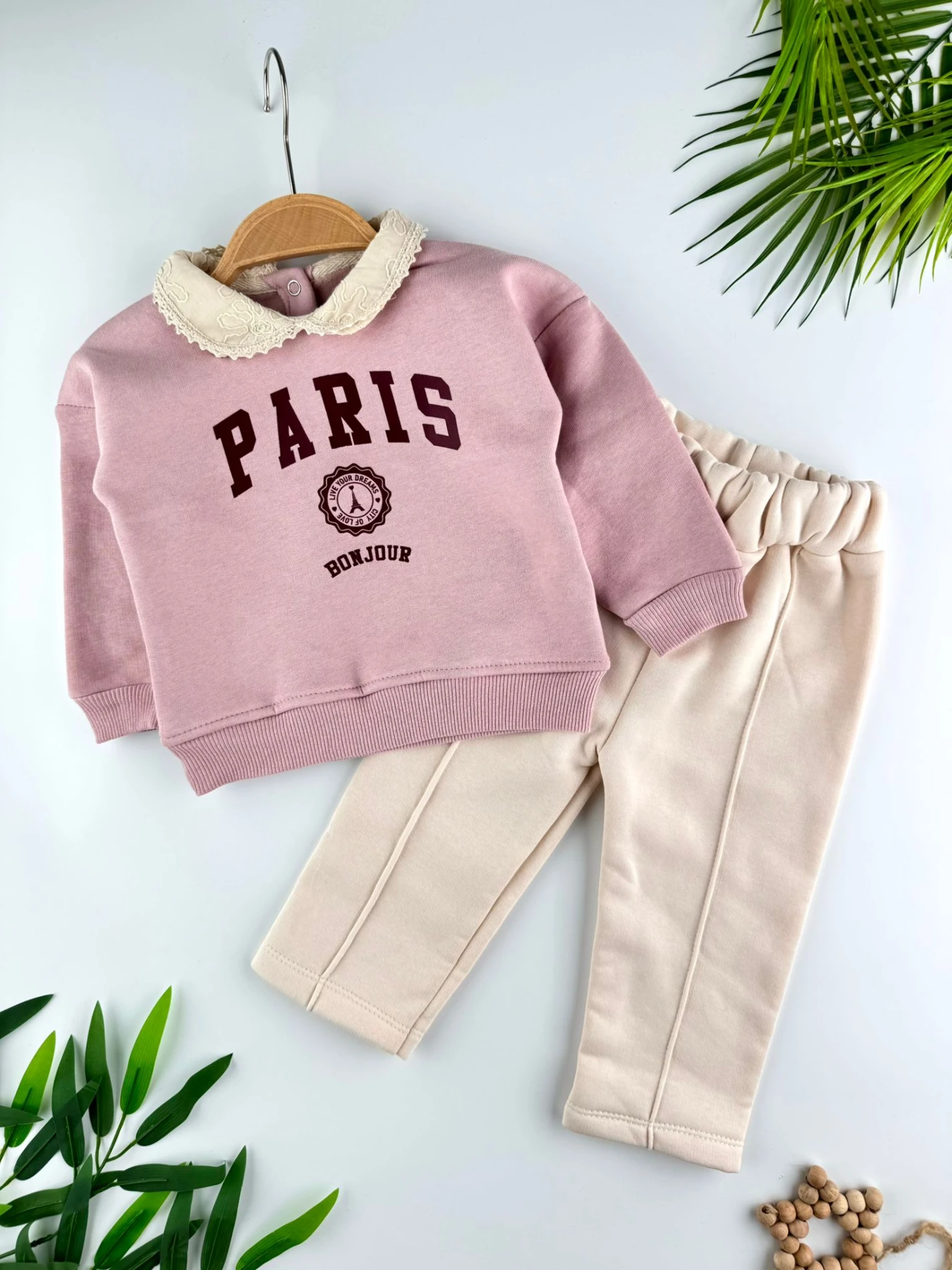 Paris Yaka Detaylı 3 İp Şardonlu Kışlık Kız Bebek İkili Takım - PEMBE