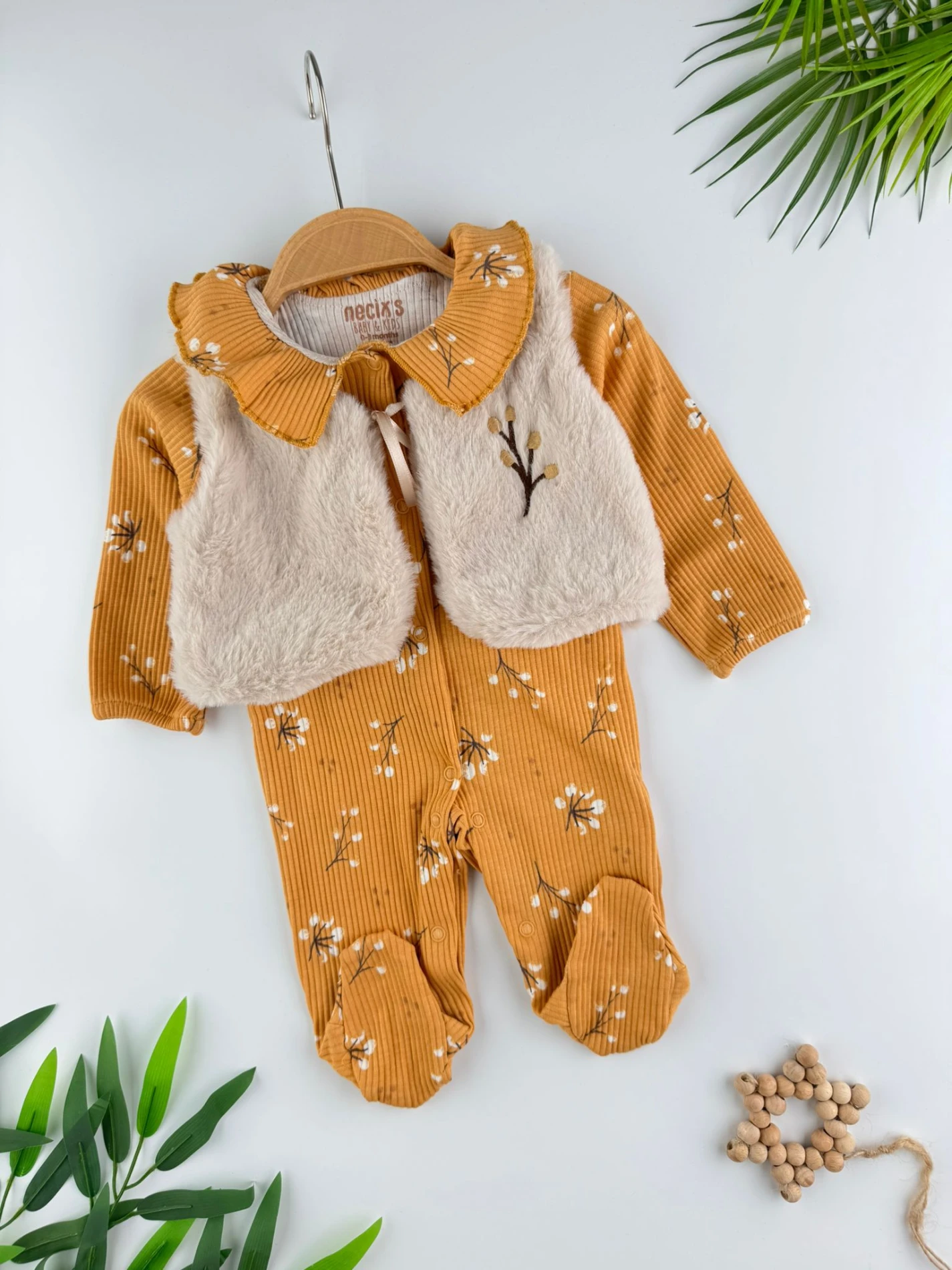 Peluş Kürk Yelekli %100 Pamuklu Fitilli Esnek Kumaş Kız Bebek Tulum Set - HARDAL