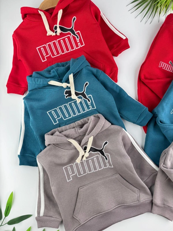 3 İp İçi Şardonlu 3’lü Kışlık Kapüşonlu Erkek Bebek Spor Takım - TURKUAZ