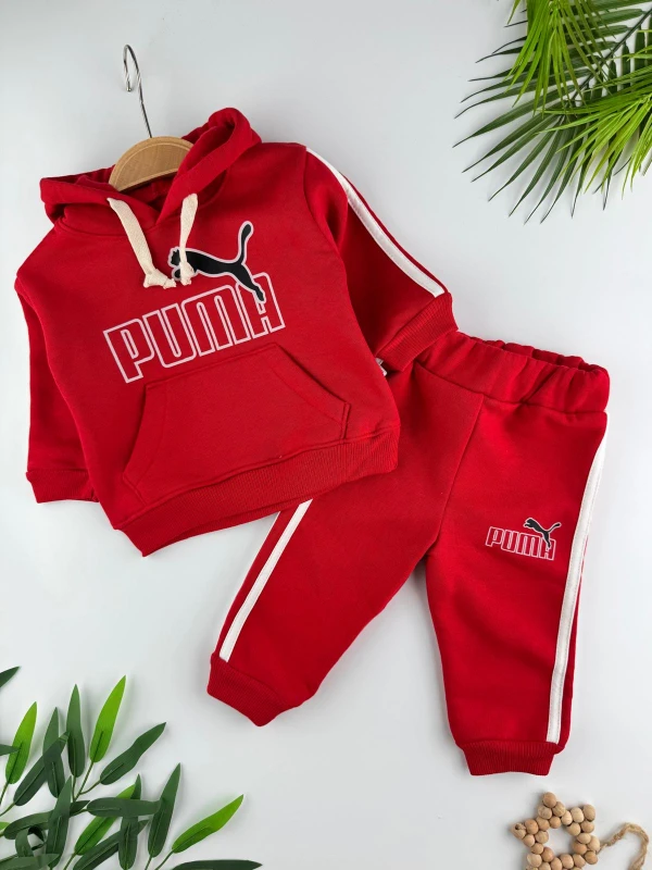 3 İp İçi Şardonlu 3’lü Kışlık Kapüşonlu Erkek Bebek Spor Takım - KIRMIZI