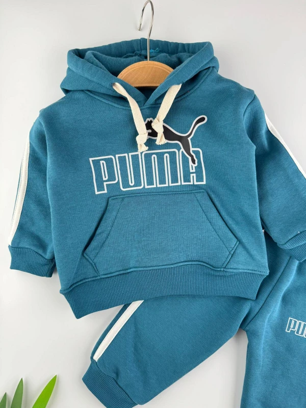 3 İp İçi Şardonlu 3’lü Kışlık Kapüşonlu Erkek Bebek Spor Takım - TURKUAZ
