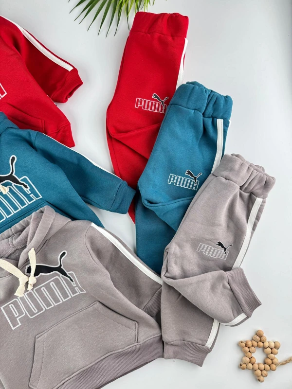 3 İp İçi Şardonlu 3’lü Kışlık Kapüşonlu Erkek Bebek Spor Takım - TURKUAZ