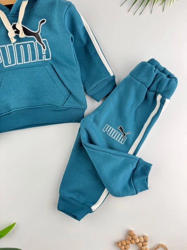 3 İp İçi Şardonlu 3’lü Kışlık Kapüşonlu Erkek Bebek Spor Takım - TURKUAZ