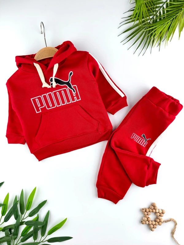 3 İp İçi Şardonlu 3’lü Kışlık Kapüşonlu Erkek Bebek Spor Takım - KIRMIZI